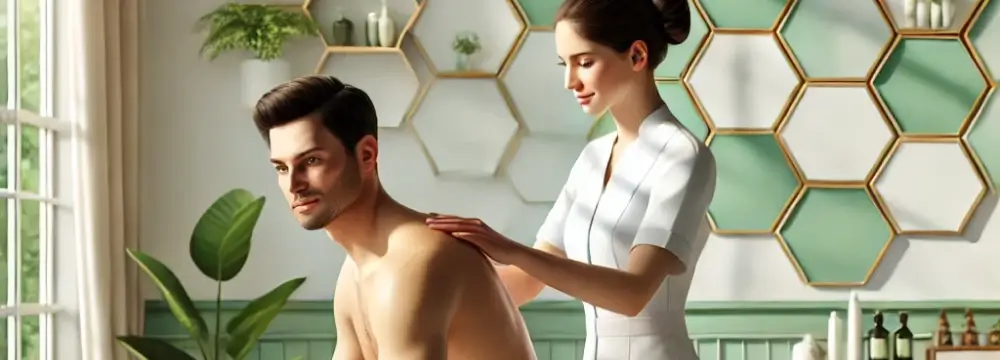 Physiotherapeutin führt eine Rückenmassage bei einem Patienten zur Linderung von Muskelverspannungen und Schmerzen durch