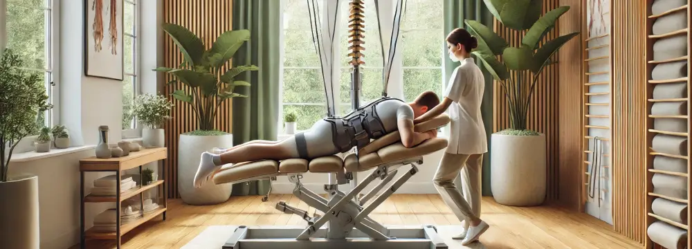 Ein Patient erhält eine Traktion auf einer speziellen Vorrichtung, um die Rehabilitation des ZNS effektiv zu unterstützen.