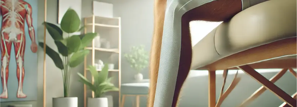 Nahaufnahme eines getapten Beins während einer physiotherapeutischen Behandlung mit Taping zur Unterstützung von Heilung und Stabilität.