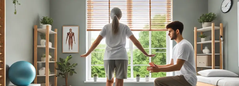 Ein Patient macht Balance-Übungen zur Krankengymnastik ZNS unter Anleitung eines Therapeuten