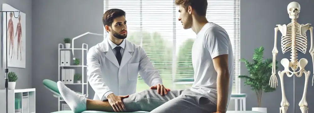 Der Therapeut führt eine Untersuchung zur Prävention am Bein des Patienten durch, um zukünftige Verletzungen zu vermeiden.