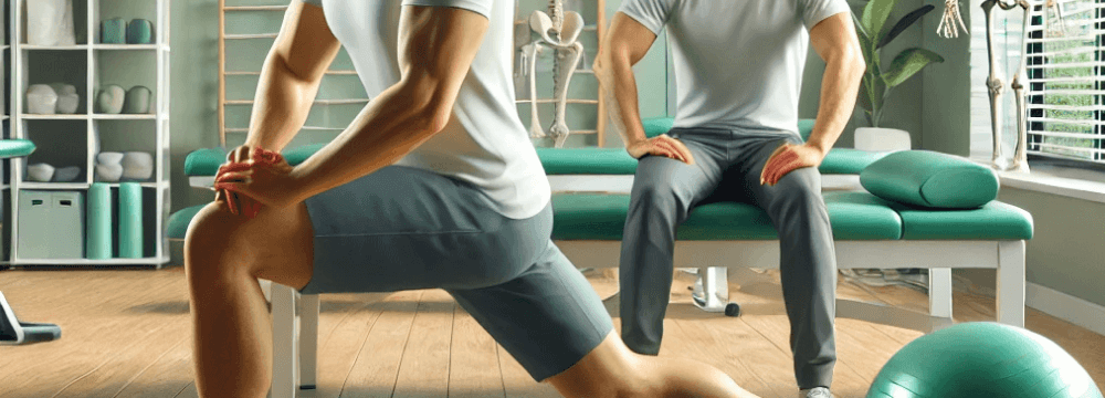 Patient führt unter Anleitung eines Therapeuten Krankengymnastik übungen zur Verbesserung der Mobilität und Muskelstärkung durch