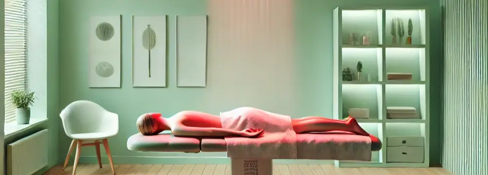 Patientin unterzieht sich einer Wärmetherapie mit Infrarot zur Linderung von Schmerzen und zur Muskelentspannung