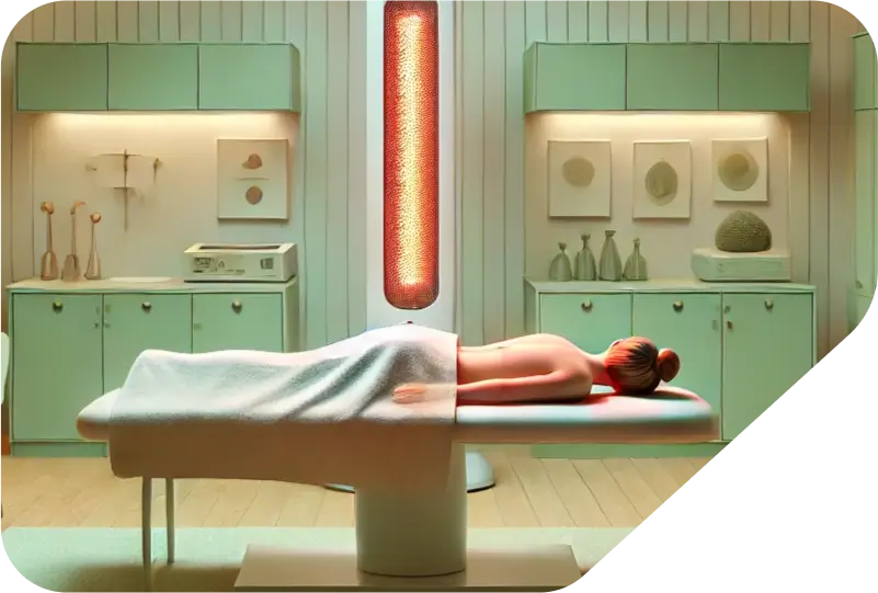 Patientin erhält Wärmetherapie mit Infrarotstrahlen zur Muskelentspannung und Schmerzlinderung in einer modernen Praxis