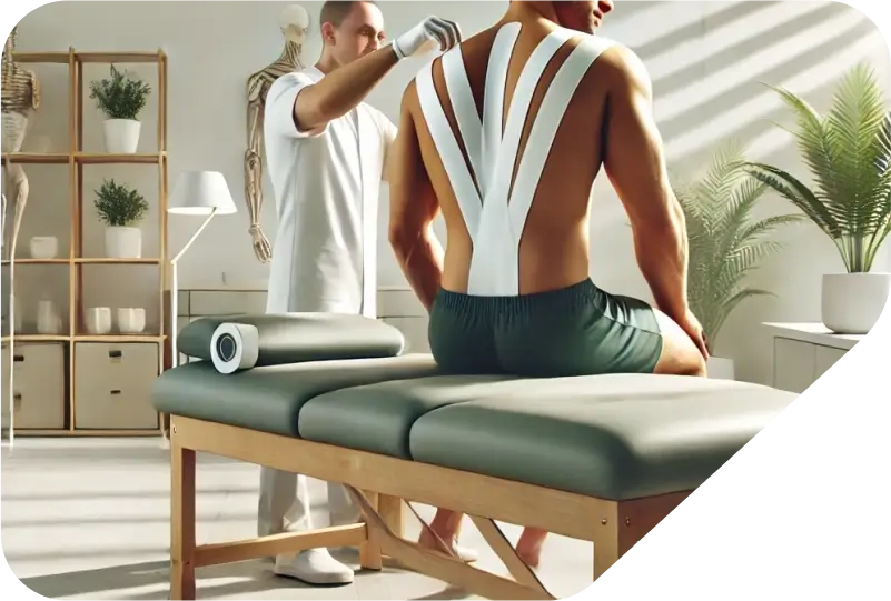 Therapeut trägt Kinesio-Tape auf den Rücken eines Patienten auf, um die Muskulatur zu stabilisieren und Schmerzen im Rahmen der Physiotherapie zu lindern.
