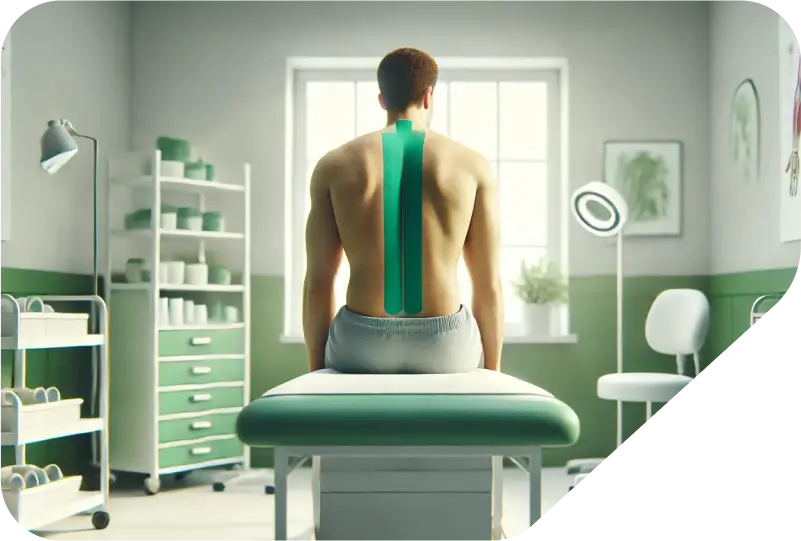 Patient mit Taping auf dem Rücken zur Unterstützung der Wirbelsäule und Schmerzlinderung während einer physiotherapeutischen Behandlung.