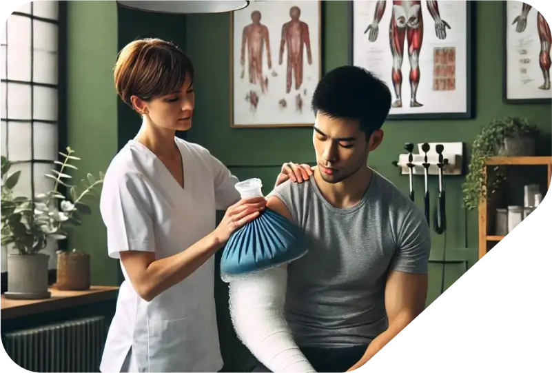 Ein Therapeut wendet Physiotherapie mit gezielten Übungen auf den bandagierten Arm eines Patienten an, um die Heilung zu fördern.