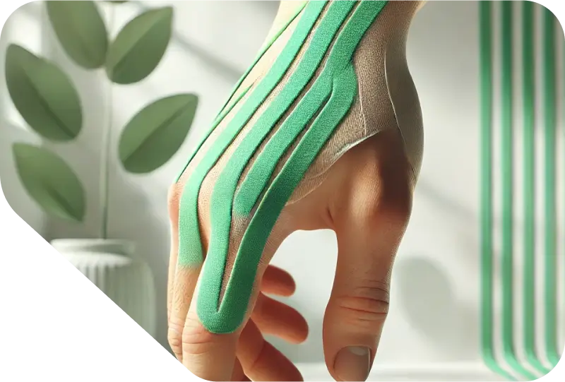 Nahaufnahme einer Hand mit Taping zur Unterstützung und Stabilisierung von Muskeln und Gelenken während der Heilung.