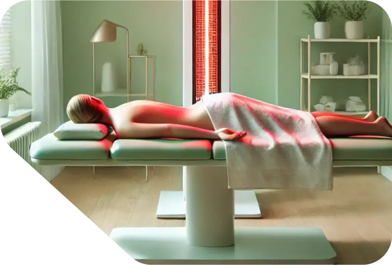 Patientin erhält Wärmetherapie mit Infrarot zur Muskelentspannung und Schmerzlinderung in einem modernen Behandlungsraum