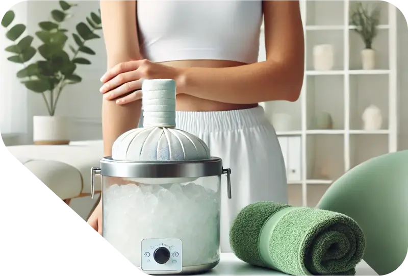 Eine Frau bereitet eine Kryotherapie-Sitzung mit einem Eisgerät in einem modernen, hellen Raum vor.