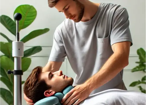 Physiotherapeut führt eine Traktion therapie am Hals eines Patienten zur Linderung von Nackenschmerzen und zur Entlastung der Wirbelsäule durch