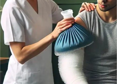 Ein Therapeut wendet Kryotherapie mit einem Eisbeutel auf den bandagierten Arm eines Patienten an