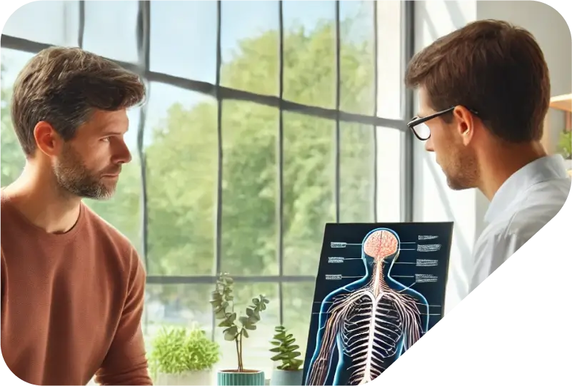 Physiotherapeut erklärt einem Patienten das Nervensystem und die Auswirkungen auf die Physiotherapie bei neurologischen Störungen