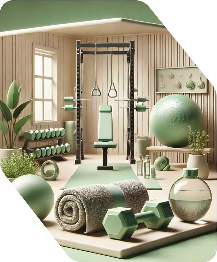 Physiotherapieraum mit Trainingsgeräten, Hanteln und Gymnastikball für Physiotherapie, Rehabilitation und Bewegungstherapie.