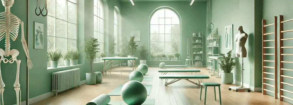 Moderne Physiotherapiepraxis mit Trainingsgeräten und Therapiehilfsmitteln zur Förderung der Rehabilitation und Erholung